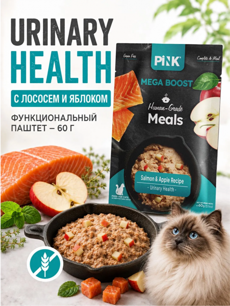 Консервы Пинк МЕГА БУСТ Уринари Лосось с яблоком: ПАШТЕТ 60 г для кошек