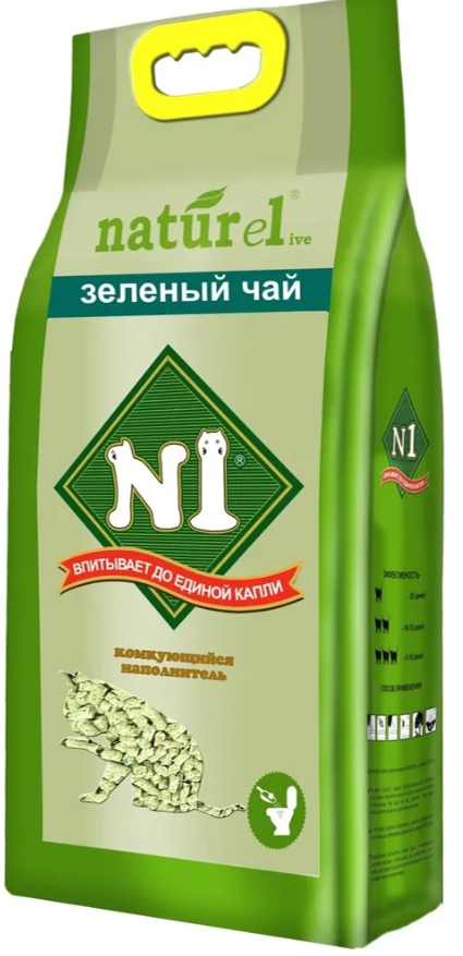 Наполнитель N1 NATUReL Зеленый чай для кошек, древесный, комкующийся, 17,5 л / 7,1 кг