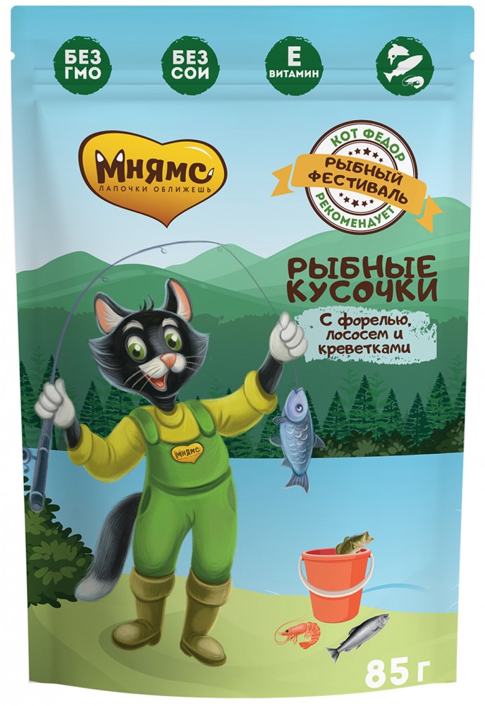 Мнямс ПАУЧ Ферма кота Фёдора рыбные кусочки с лососем, креветками и форелью: СОУС 85 г для кошек