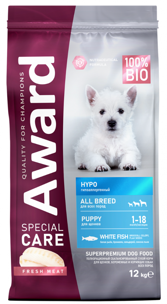 Сухой корм AWARD SPECIAL CARE HYPO PUPPY со свежей белой рыбой для щенков от 1 мес., беременных и кормящих собак всех пород, склонных к аллергии
