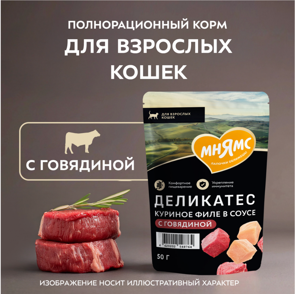 Паучи Мнямс Деликатес Куриное филе с говядиной для кошек 50 г: СОУС