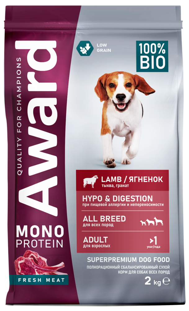 Корм Award Monoprotein Медиум/Макси из ягненка с добавлением тыквы и граната собак всех пород