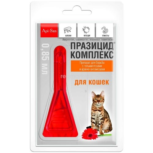 Препарат для кошек Api-San Празицид-комплекс 3 в 1 для кошек менее 4 кг: от глистов, клещей, вшей, 1 пипетка