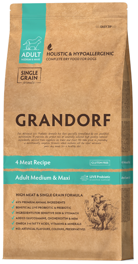 Корм Grandorf 4 Meat Recipe Medium &amp; Maxi Holistic Probiotic для собак средних и крупных пород, с ПРОБИОТИКАМИ, 4 вида мяса с рисом