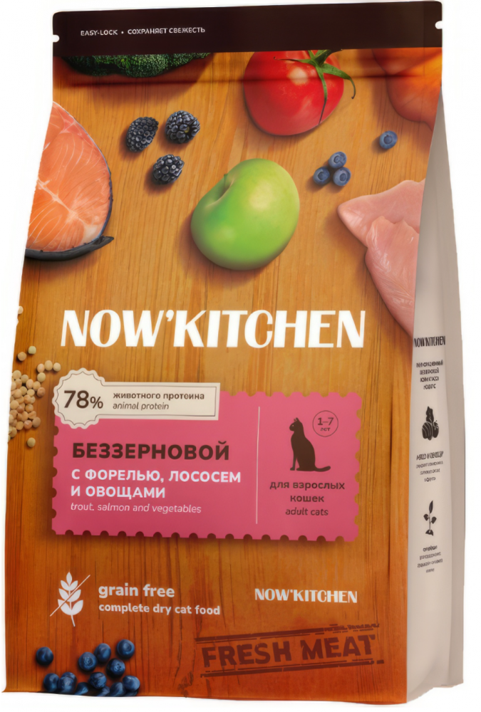 NOW&#039;KITCHEN Fresh беззерновой корм для взрослых кошек со свежей форелью, лососем и овощами