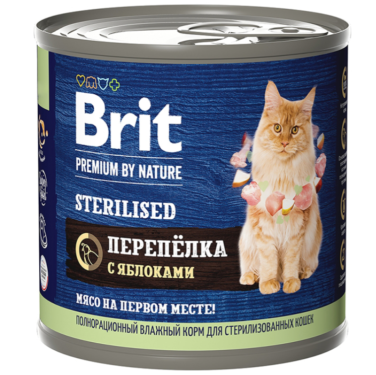 Корм Brit Premium Sterilised (консерв.) для стерилизованных кошек, перепелка и яблоки, 200 г