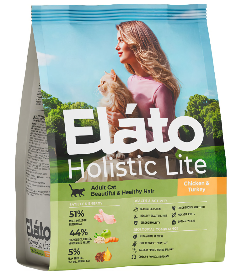 Корм Elato Holistic Lite (низкозерновой) для кошек, для красивой и здоровой шерсти, с курицей и индейкой