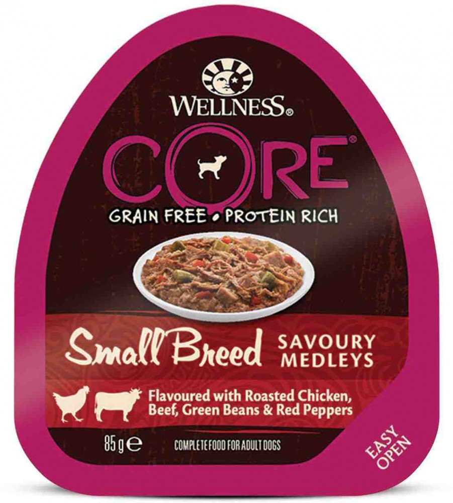 Консервы для собак Wellness Core мелких пород с курицей и говядиной, зеленой фасолью и красным перцем 85 гр