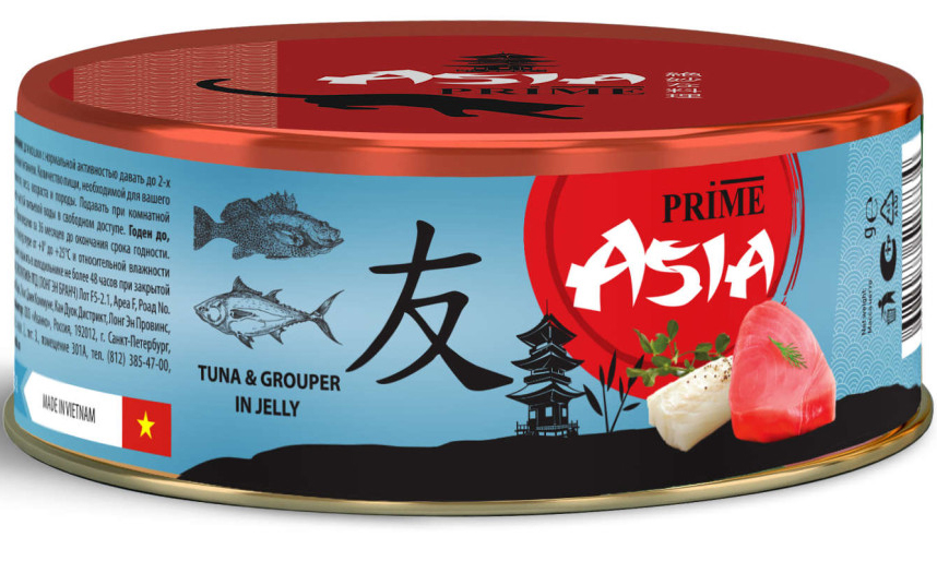 Корм Prime Asia Tuna & Grouper (в желе) для кошек, с тунцом и рабой групер, 85 г