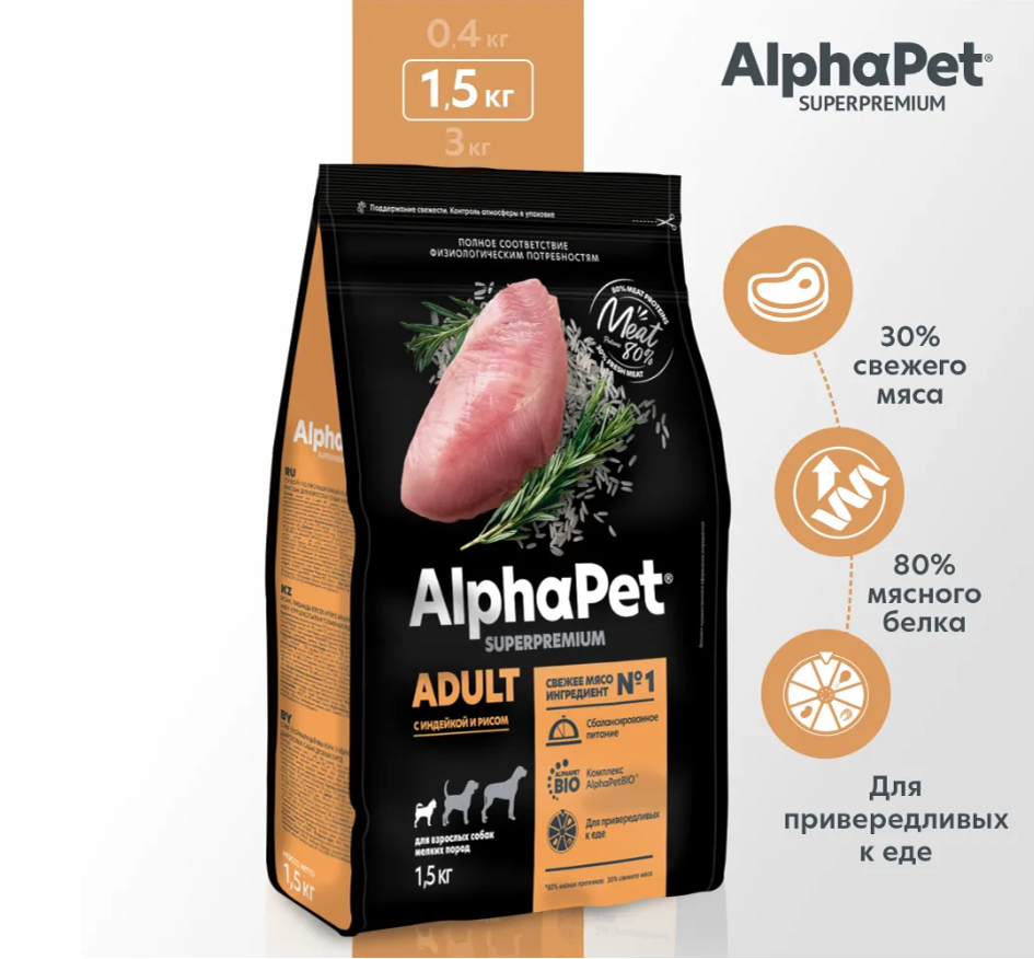 Сухой корм Alphapet Superpremium с индейкой и рисом для собак мелких пород