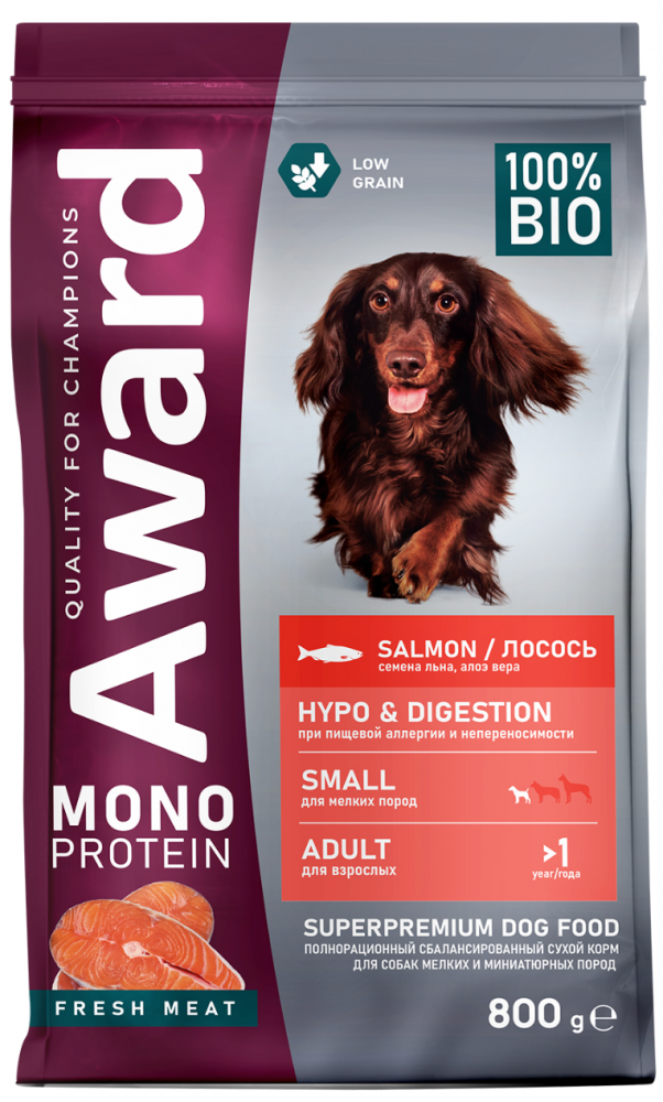 Корм Award Monoprotein МИНИ из лосося с добавлением семян льна и алоэ вера для собак мелких и миниатюрных пород