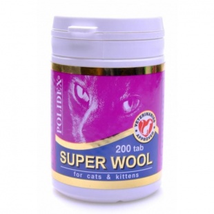 Polidex Super Wool витамины для улучшения состояния шерсти, кожи, когтей для кошек и котят, 200 таб., 75 г