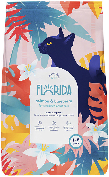 Корм Florida Sterilised Salmon &amp; Blueberry для стерилизованных кошек, с лососем и черникой