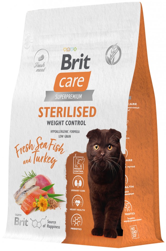 Brit Care Superpremium Cat Sterilised с морской рыбой и индейкой для стерилизованных кошек, Контроль веса