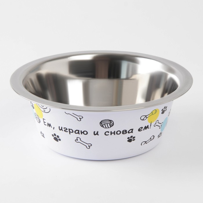 Миска Пушистое счастье металлическая для собаки «Ем, играю и снова ем», 350 мл, 13х4.5 см