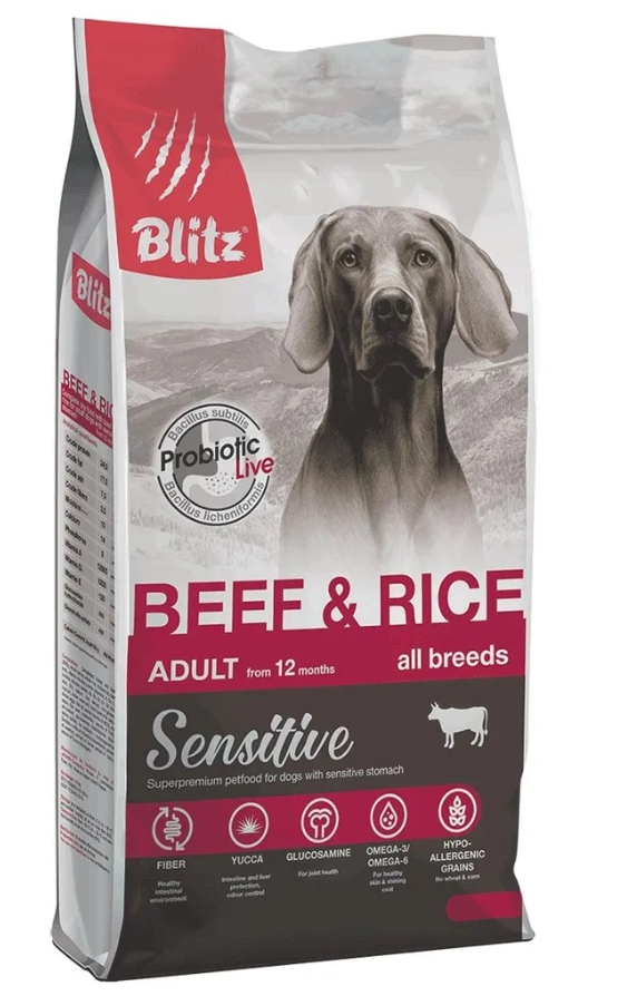 Корм Blitz Sensitive Beef &amp; Rice для собак с чувствительным пищеварением, говядина и рис, 2 кг