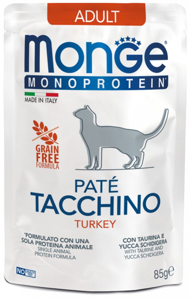 Влажный корм Monge Cat Monoprotein для взрослых кошек, из индейки, паучи 85 г