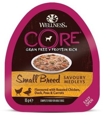 Консервы для собак Wellness Core мелких пород с курицей и уткой с горошком и морковью 85 гр
