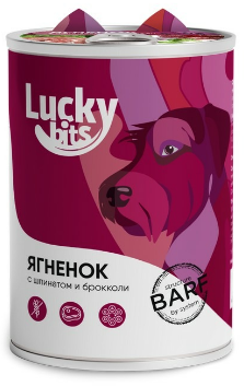 Полнорационный консервированный корм Lucky bits для собак всех пород с 6 месяцев с ягненком, брокколи и шпинатом, 400 г