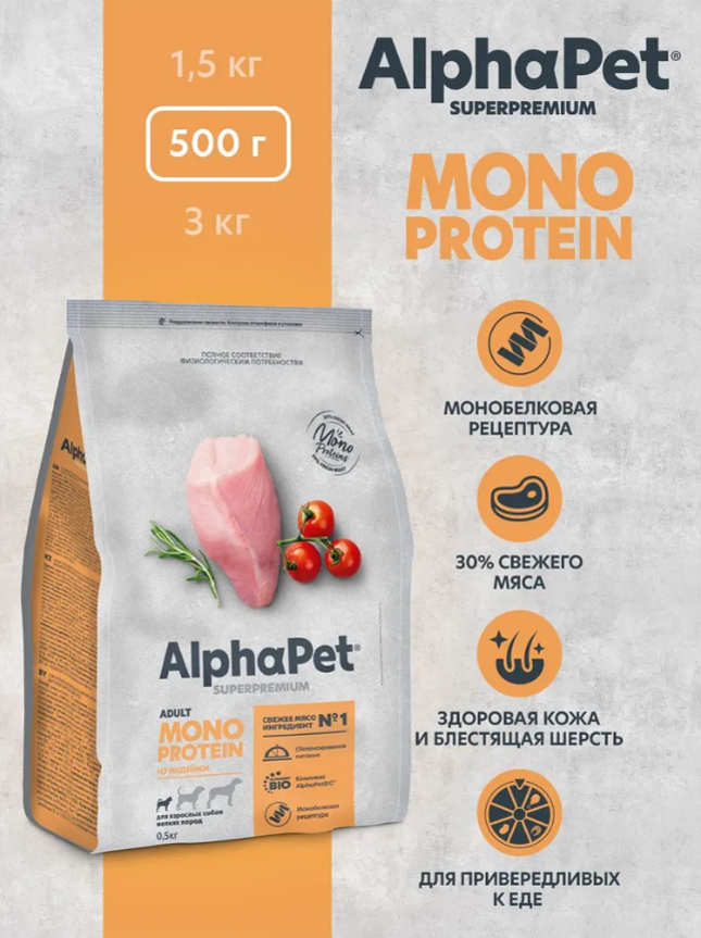 Сухой корм Alphapet MONOPROTEIN из индейки для взрослых собак малых пород