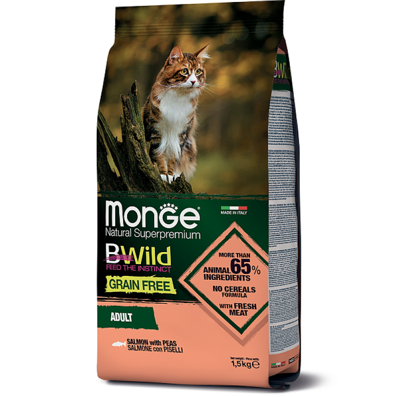 Корм сухой Monge Cat BWild GRAIN FREE беззерновой корм из лосося и гороха для взрослых кошек 1,5 кг