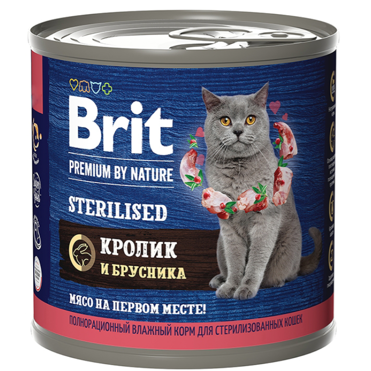 Корм Brit Premium Sterilised (консерв.) для стерилизованных кошек, кролик и брусника, 200 г