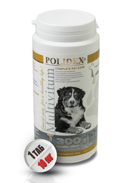 Polidex Multivitum plus поливитаминно-минеральный комплекс для собак, 300 таб. (1 таб. на 10 кг массы тела), 338 г