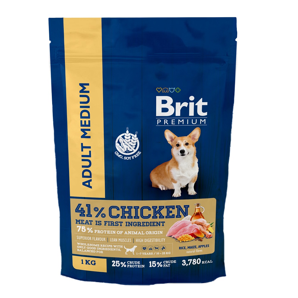 Корм Brit Premium Dog Adult Medium с курицей для взрослых собак средних пород (10–25 кг) 15 кг