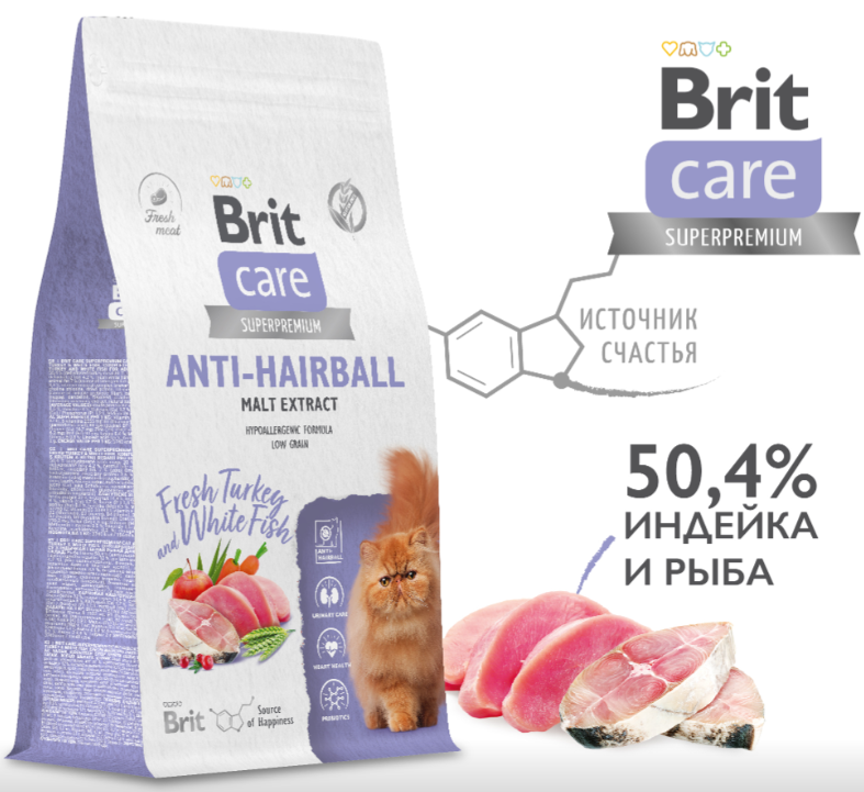 Brit Care Superpremium Cat Anti-Hairball с белой рыбой и индейкой для взрослых кошек, Вывод шерсти