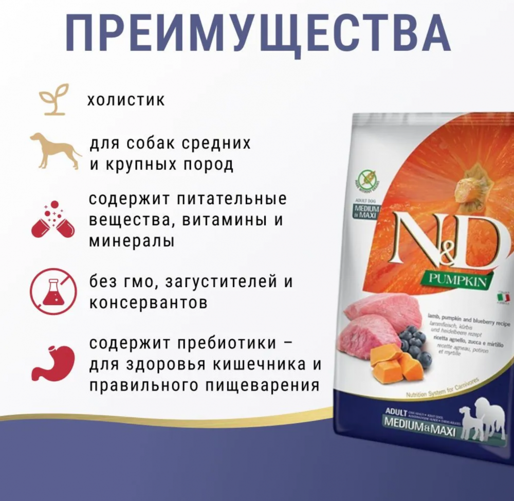 Корм Farmina N&D Dog  (Беззерновой) для собак средних и крупных пород, ягненок, черника, тыква 12 кг