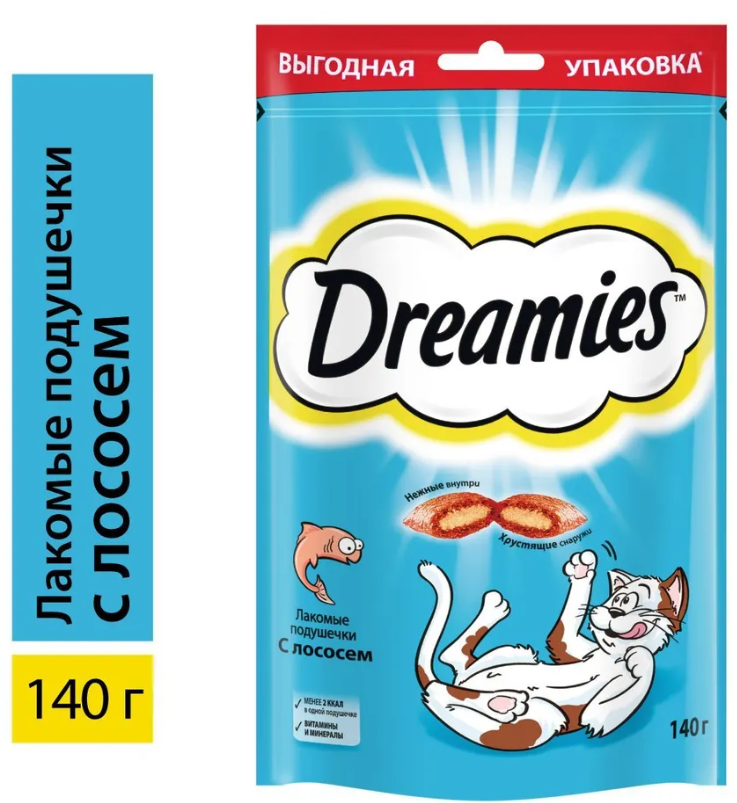 Лакомство для кошек Dreamies лакомые подушечки с лососем 140 г