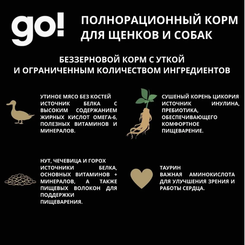 GO KITCHEN утка с овощами, полнорационный беззерновой сухой корм для щенков и собак всех возрастов с уткой для чувствительного пищеварения