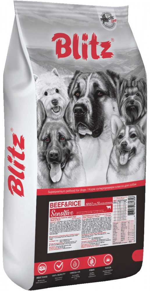 Корм Blitz Sensitive Beef &amp; Rice для собак с чувствительным пищеварением, говядина и рис, 15 кг