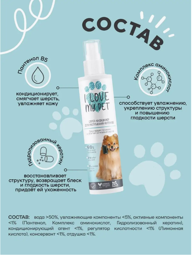 Спрей I Love My Pet для собак и кошек от колтунов для шерсти 250 мл