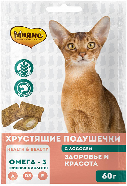 Лакомство для кошек Мнямс Здоровье и красота Хрустящие подушечки с лососем 60г