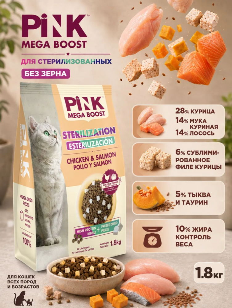 Корм Пинк Мега Буст Стери Курица с лососем: 2 гранулы 1,8 кг для кошек