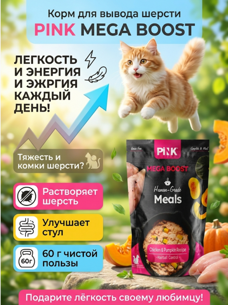 Консервы Пинк МЕГА БУСТ Вывод шерсти Куриная с тыквой: ПАШТЕТ 60 г для кошек
