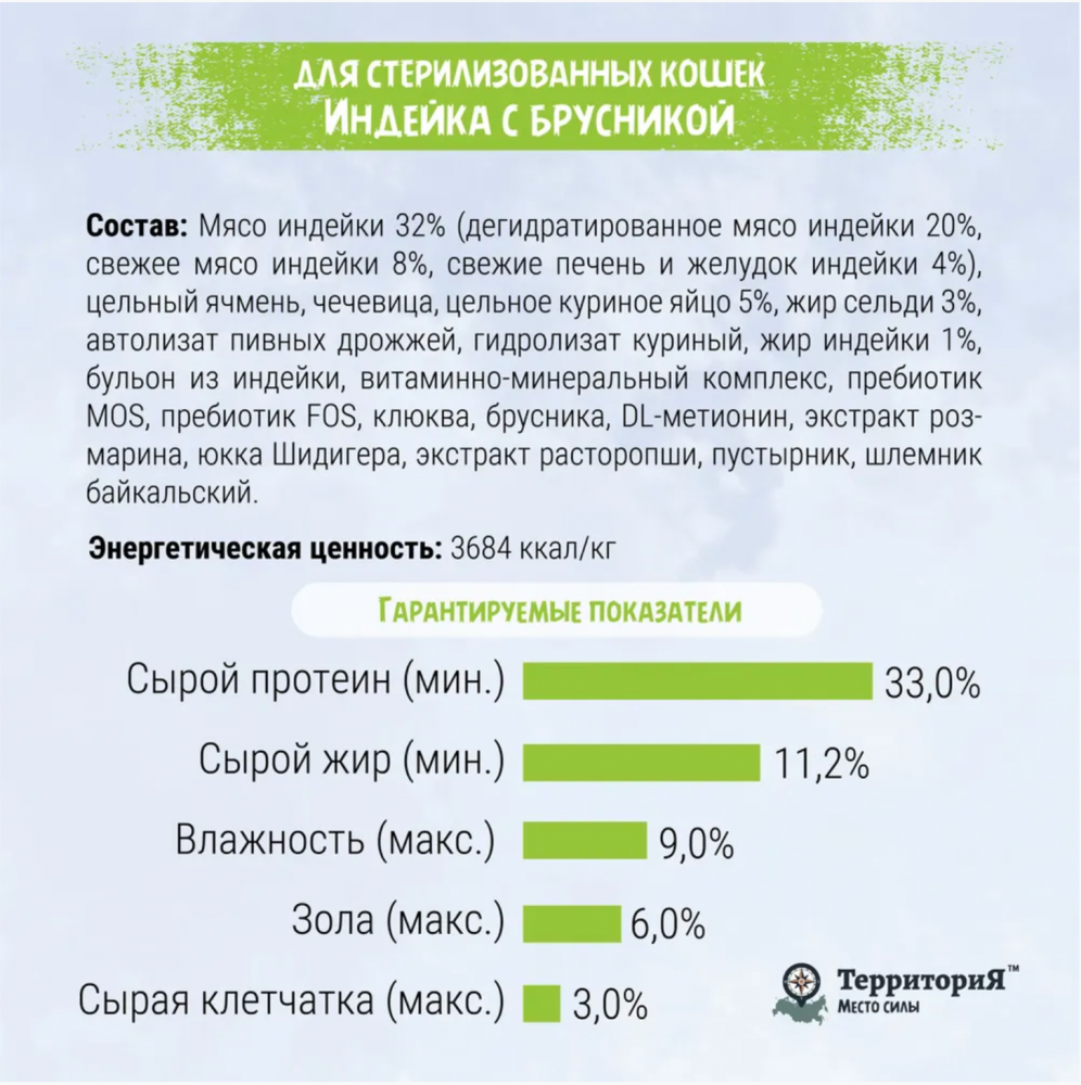 Корм Территория Кавказ для стерилизованных кошек, индейка с брусникой