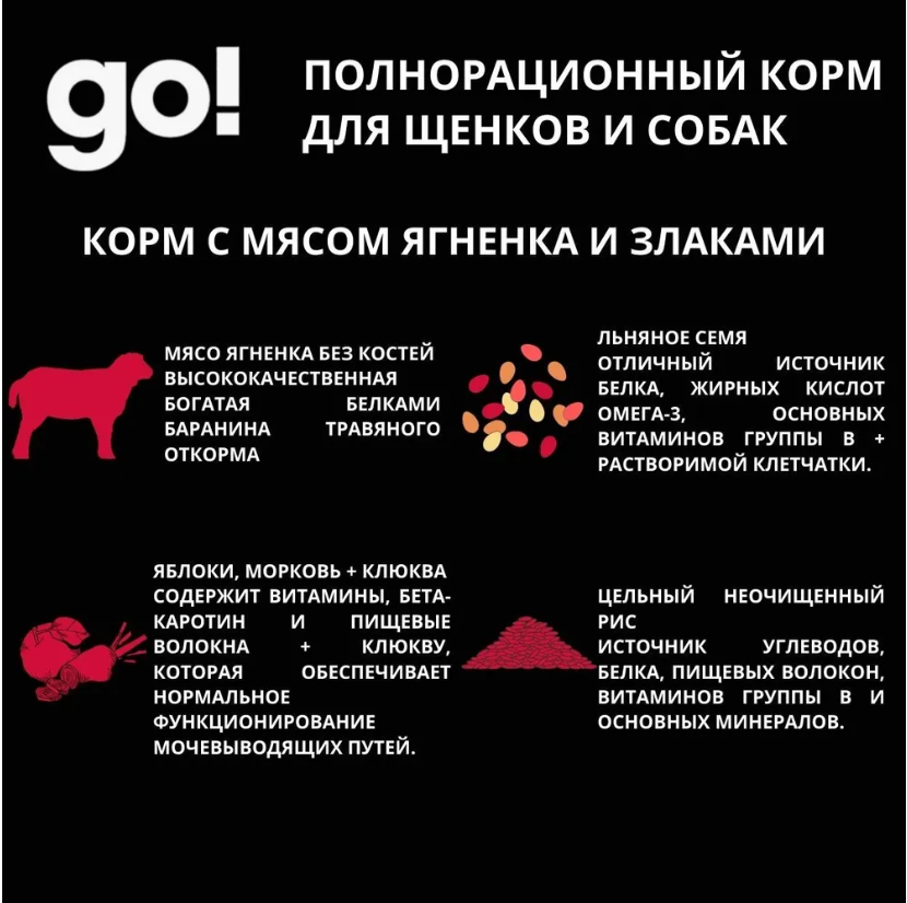 Корм GO KITCHEN GO! Solutions Ягненок с фруктами и овощами, полнорационный сухой корм для щенков и собак всех возрастов с ягненком