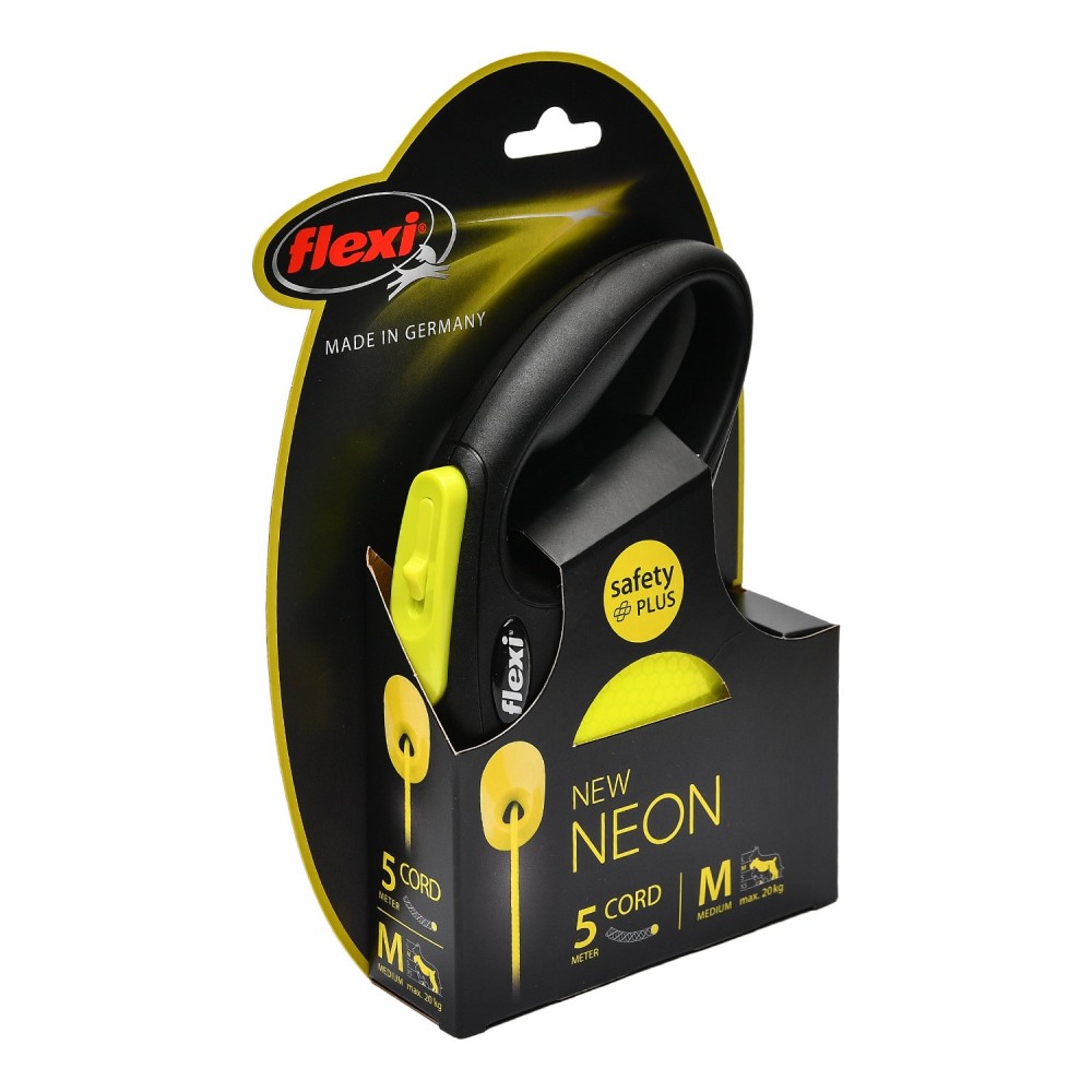 Рулетка Flexi Neon New Classic М (до 20 кг) трос 5 м, светоотражающая, желтый неон