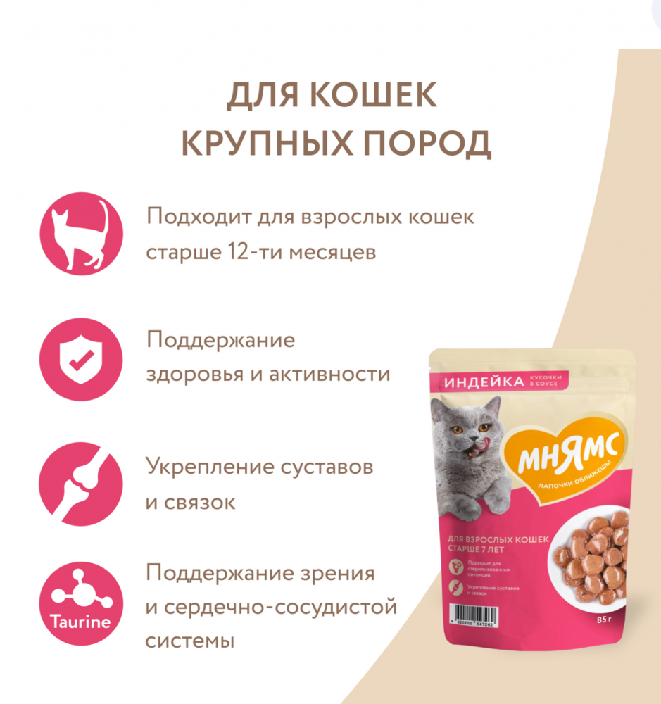 Влажный корм Мнямс Кусочки в соусе с индейкой для у кошек старшего возраста 7+ 85 г