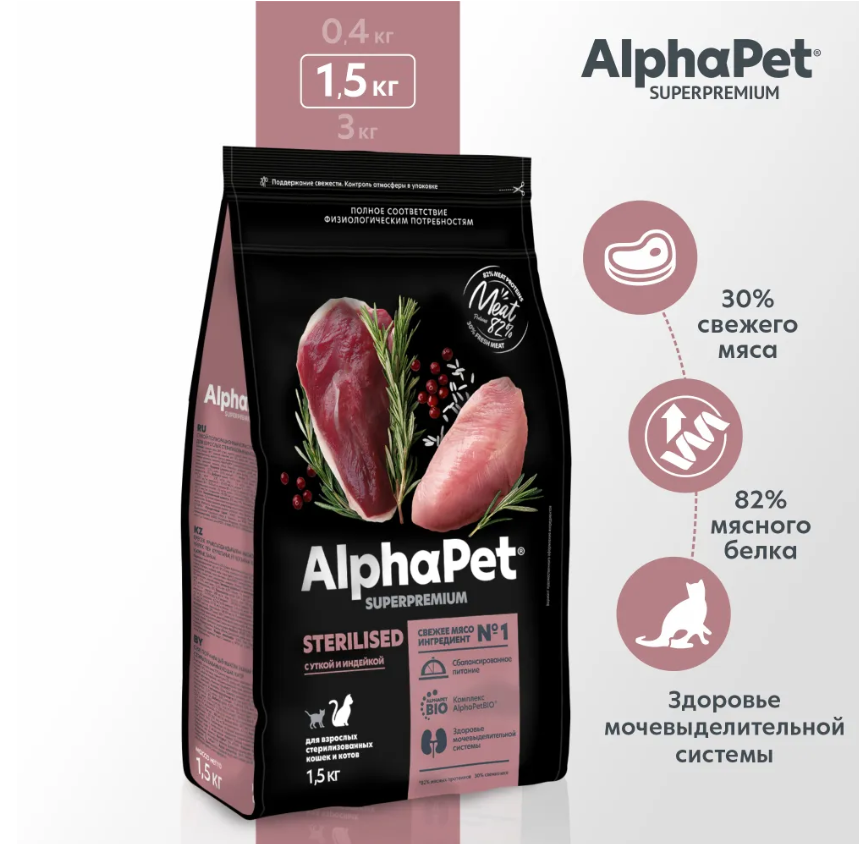 Сухой корм Alphapet Superpremium Sterilised с уткой и индейкой для стерилизованных кошек