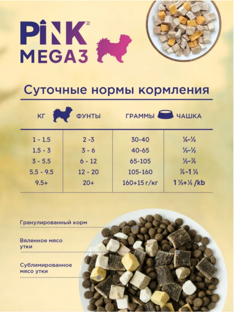 Корм PINK MEGA 3 БЕЗЗЕРНОВ Утка с лососем, 3 гранулы 1,8 кг  для собак